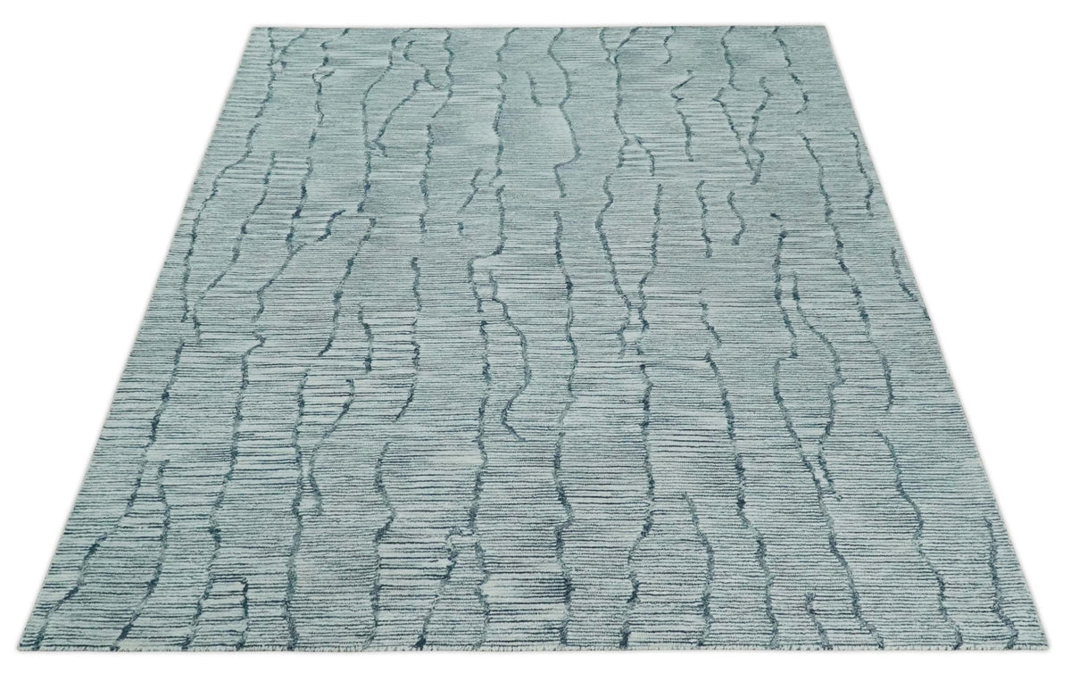 Modern Contemporary Woolen White and Blue Hand Tufted Area Rug.