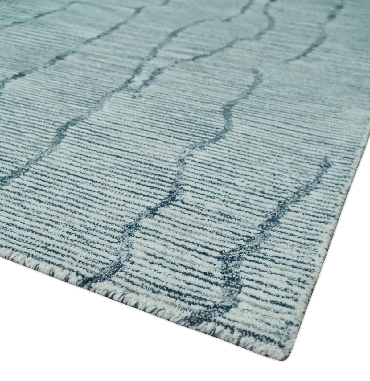 Modern Contemporary Woolen White and Blue Hand Tufted Area Rug.