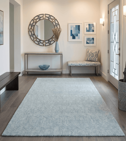 Modern Contemporary Style Teal and Ivory Hand Tufted Wool Area Rug.