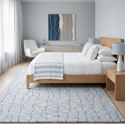 Modern Contemporary Woolen White and Blue Hand Tufted Area Rug.