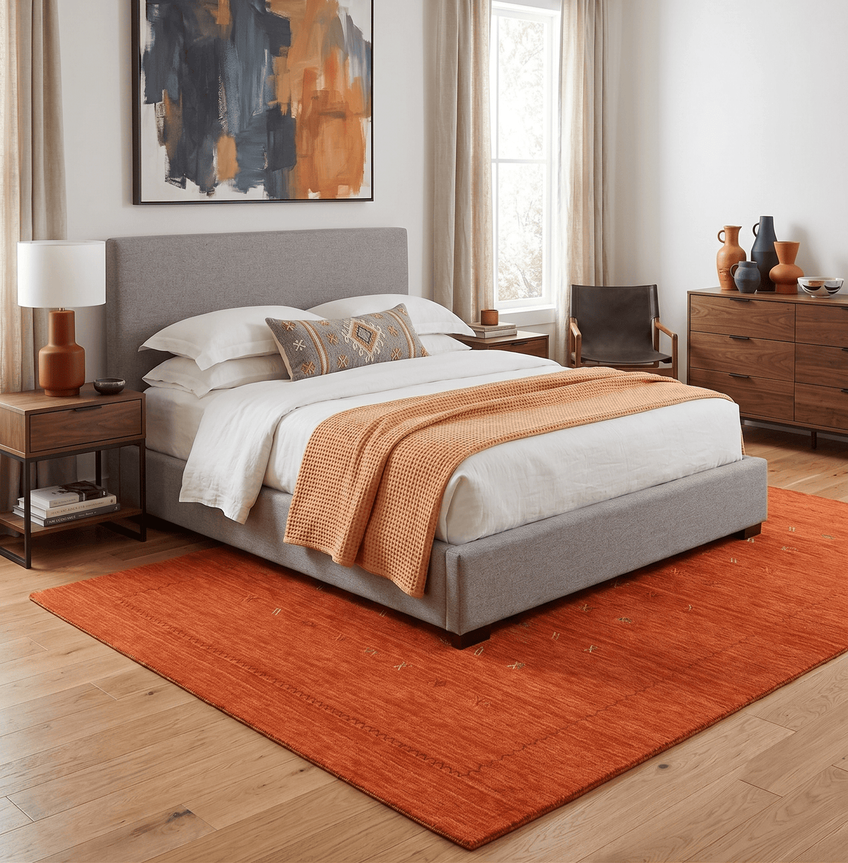 Modern Design Orange Hand Loomed Wool Area Rug.