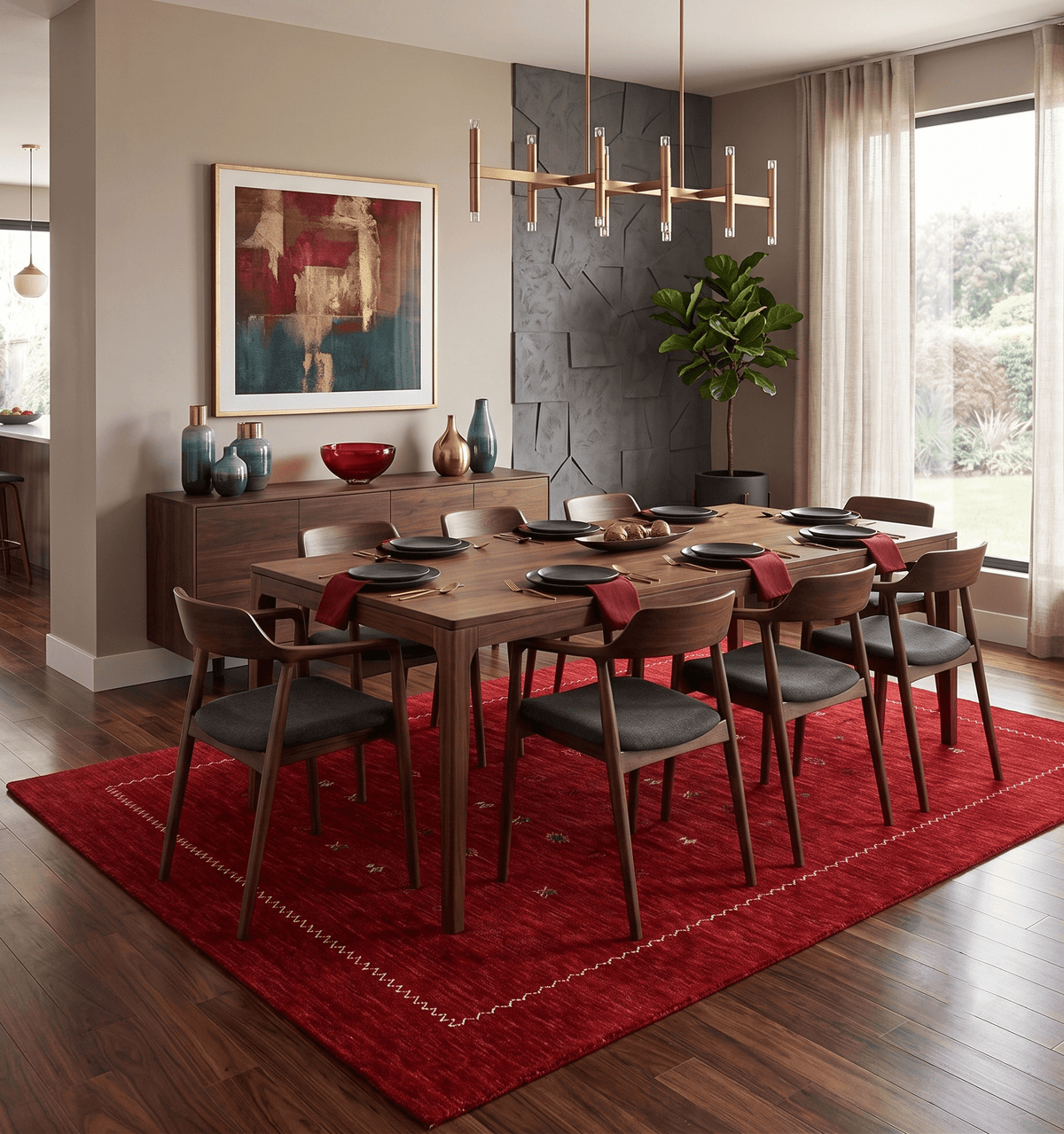 Modern Design Red Hand Loomed Wool Area Rug.