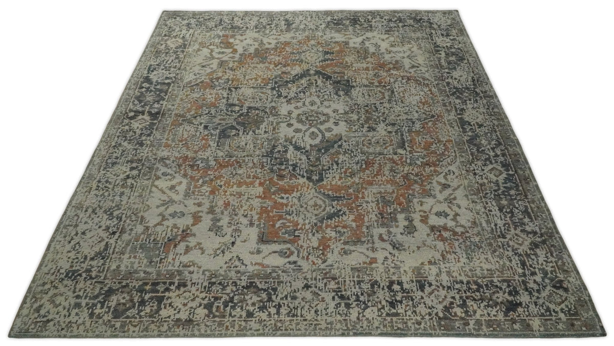 Distressed Traditional Turkish Brown And Charcoal Hand Knotted Wool Area Rug.