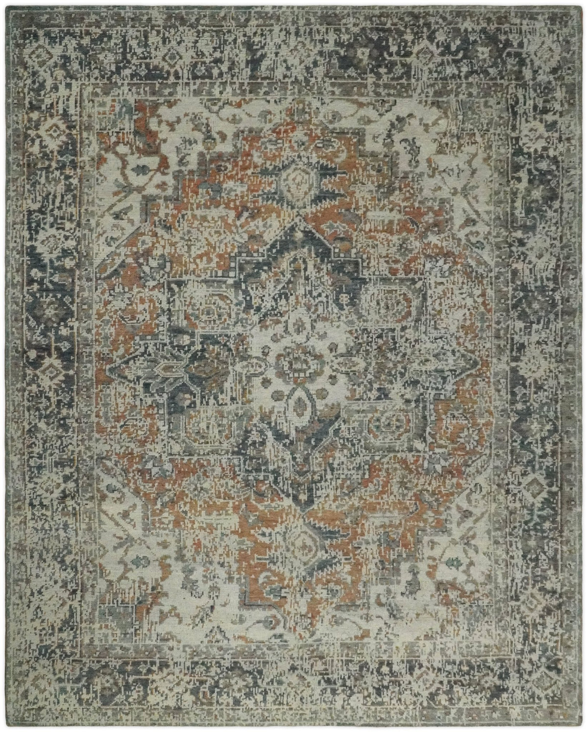 Distressed Traditional Turkish Brown And Charcoal Hand Knotted Wool Area Rug.