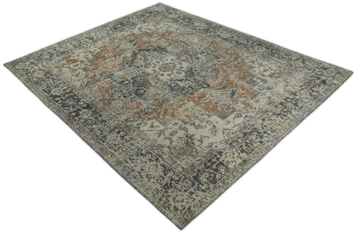 Distressed Traditional Turkish Brown And Charcoal Hand Knotted Wool Area Rug.