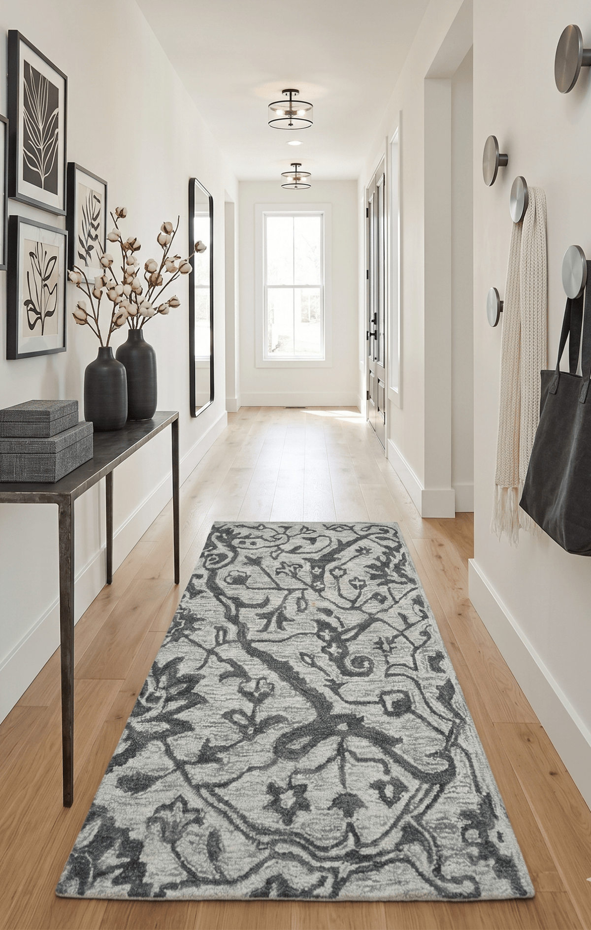 Modern Floral Ivory and Charcoal Hand Woven Area Wool Rug.