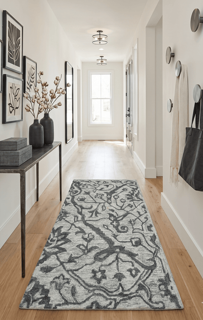Modern Floral Ivory and Charcoal Hand Woven Area Wool Rug.