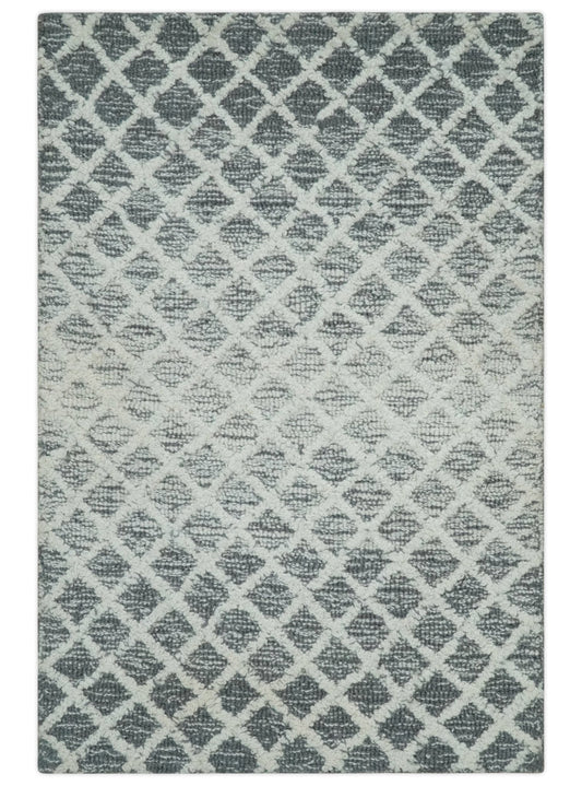 Modern Geometric Ivory and Charcoal Hand Tufted Natural Wool Area Rug.