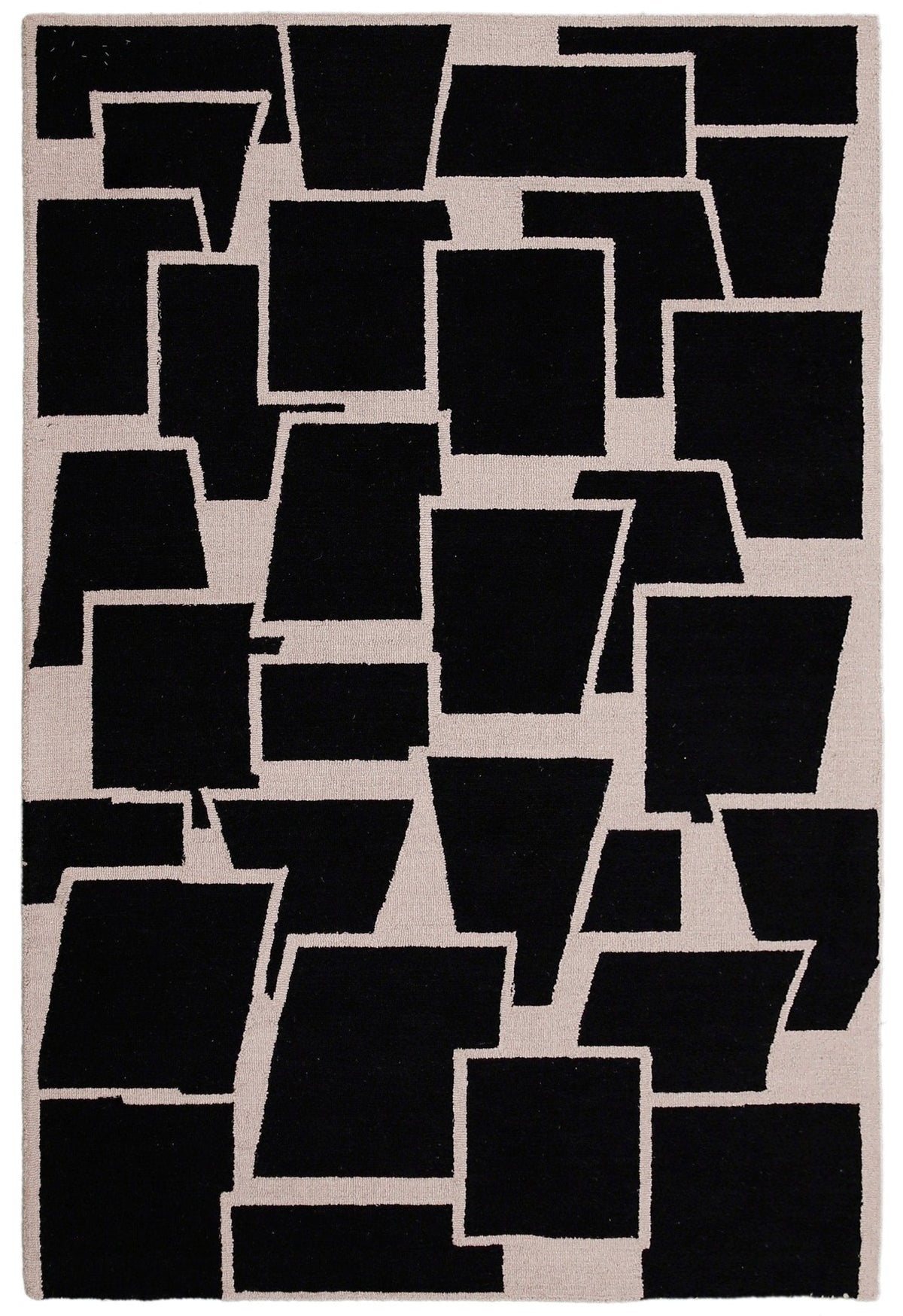 Modern Geometrical Black Hand Tufted Wool Area Rug.