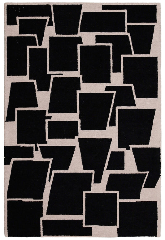 Modern Geometrical Black Hand Tufted Wool Area Rug.