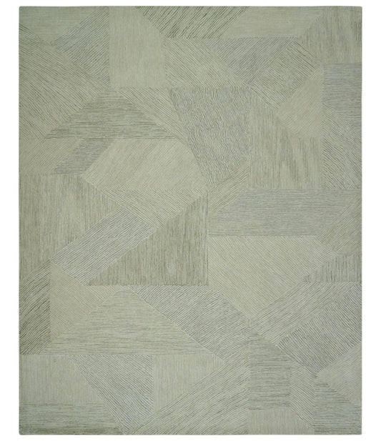 Modern Geometrical Ivory, Gray and Olive Stripes Textured Hand Tufted Custom Made rug.