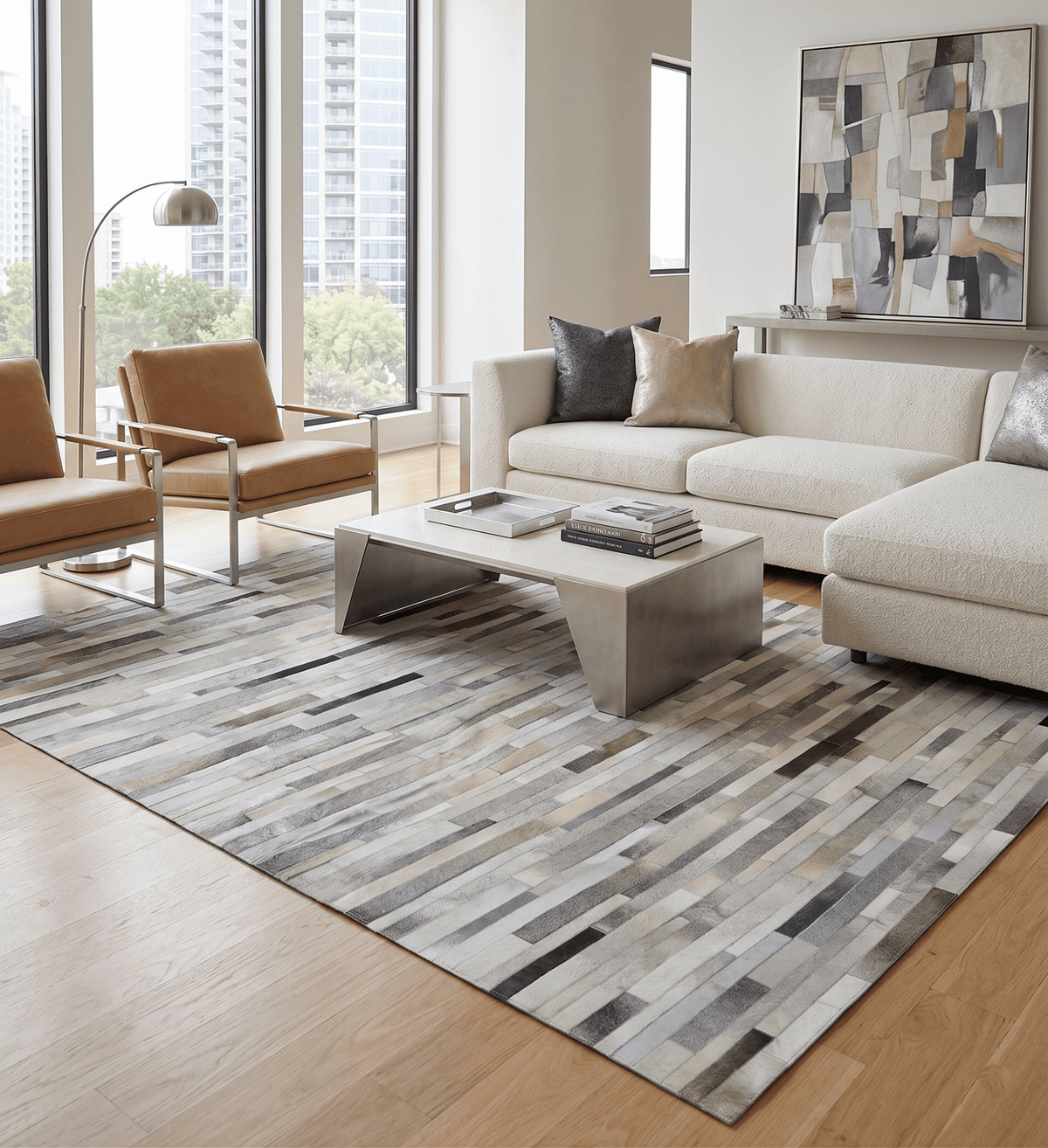 Modern Geometrical Leather Striped Silver and Ivory Leather Custom Made Area Rug.