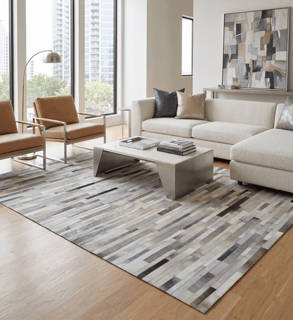 Modern Geometrical Leather Striped Silver and Ivory Leather Custom Made Area Rug.