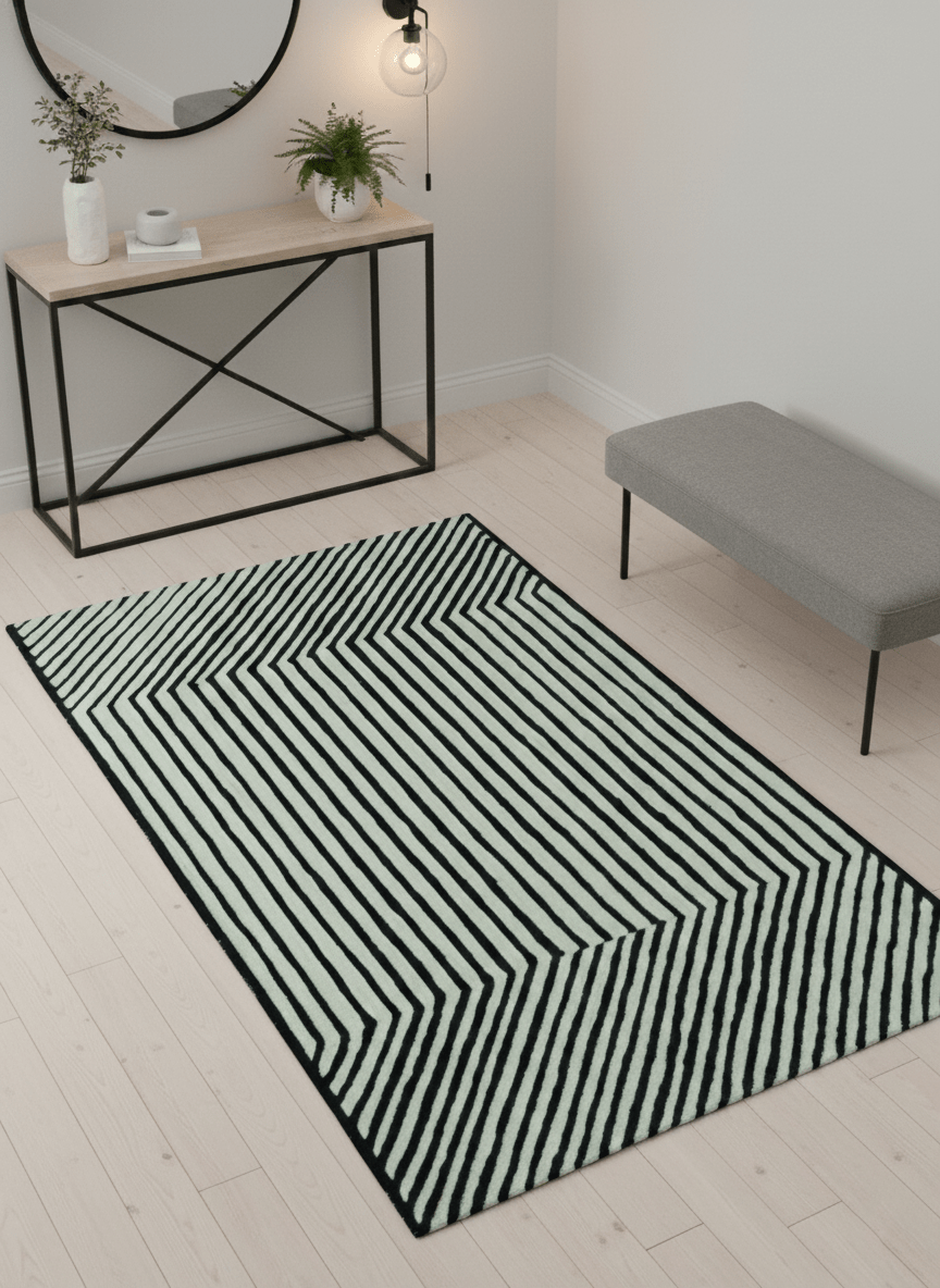 Modern Geometrical Pattern Black And White Hand Tufted Custom Made wool rug.