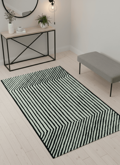 Modern Geometrical Pattern Black And White Hand Tufted Custom Made wool rug.