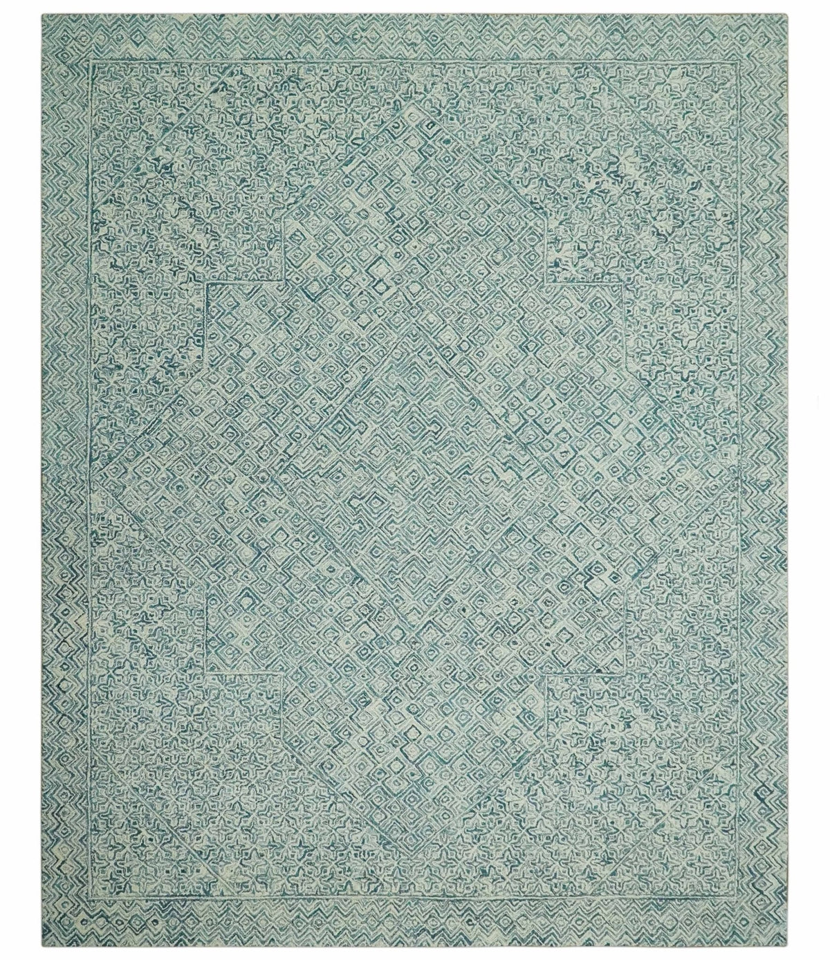 Modern Geometrical Teal and Ivory Hand Tufted Custom Made wool area rug.