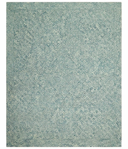 Modern Geometrical Teal and Ivory Hand Tufted Custom Made wool area rug.