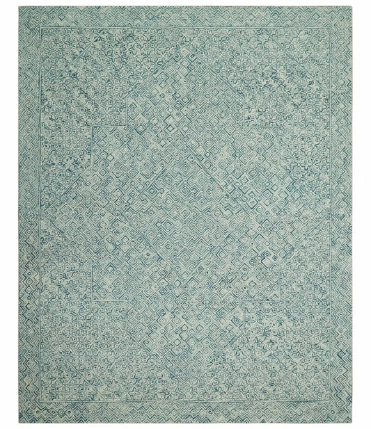 Modern Geometrical Teal and Ivory Hand Tufted Custom Made wool area rug.