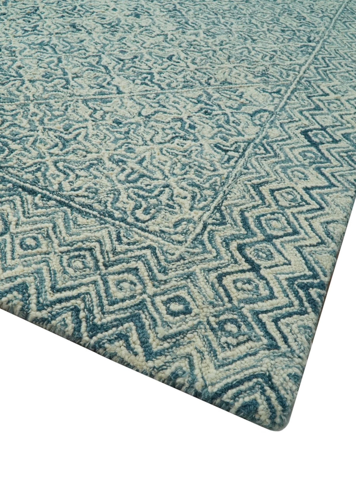 Modern Geometrical Teal and Ivory Hand Tufted Custom Made wool area rug.