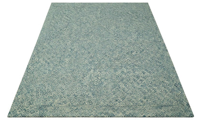 Modern Geometrical Teal and Ivory Hand Tufted Custom Made wool area rug.