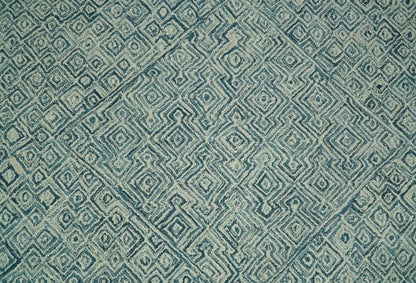 Modern Geometrical Teal and Ivory Hand Tufted Custom Made wool area rug.