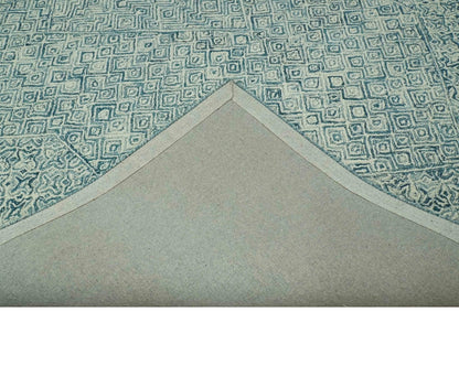 Modern Geometrical Teal and Ivory Hand Tufted Custom Made wool area rug.