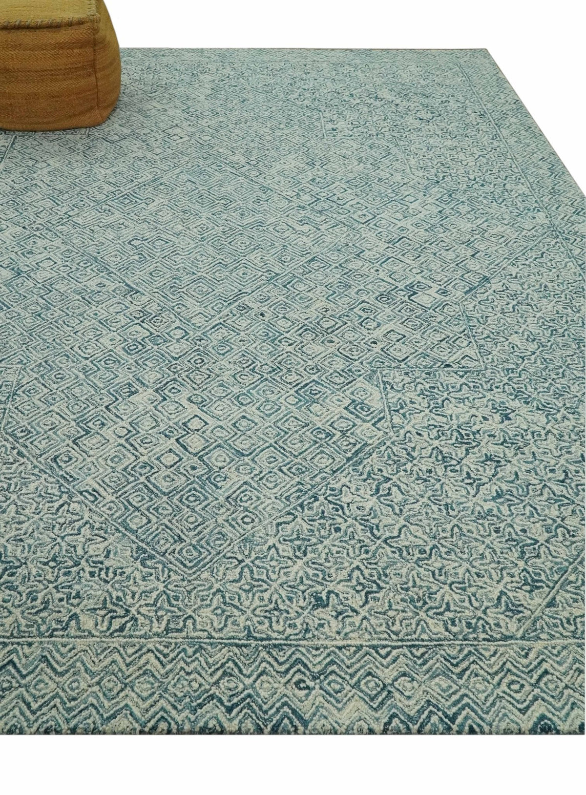 Modern Geometrical Teal and Ivory Hand Tufted Custom Made wool area rug.