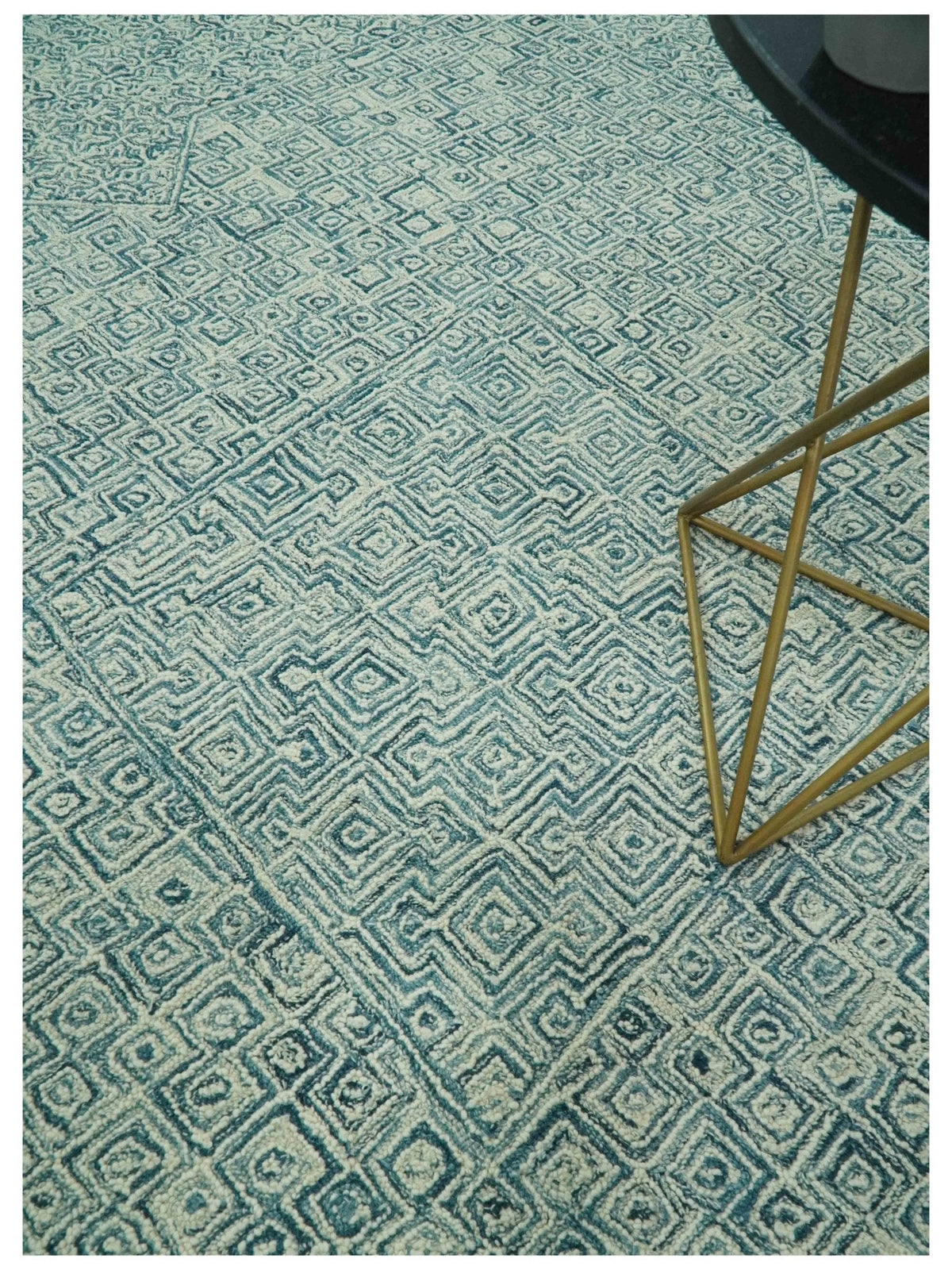 Modern Geometrical Teal and Ivory Hand Tufted Custom Made wool area rug.
