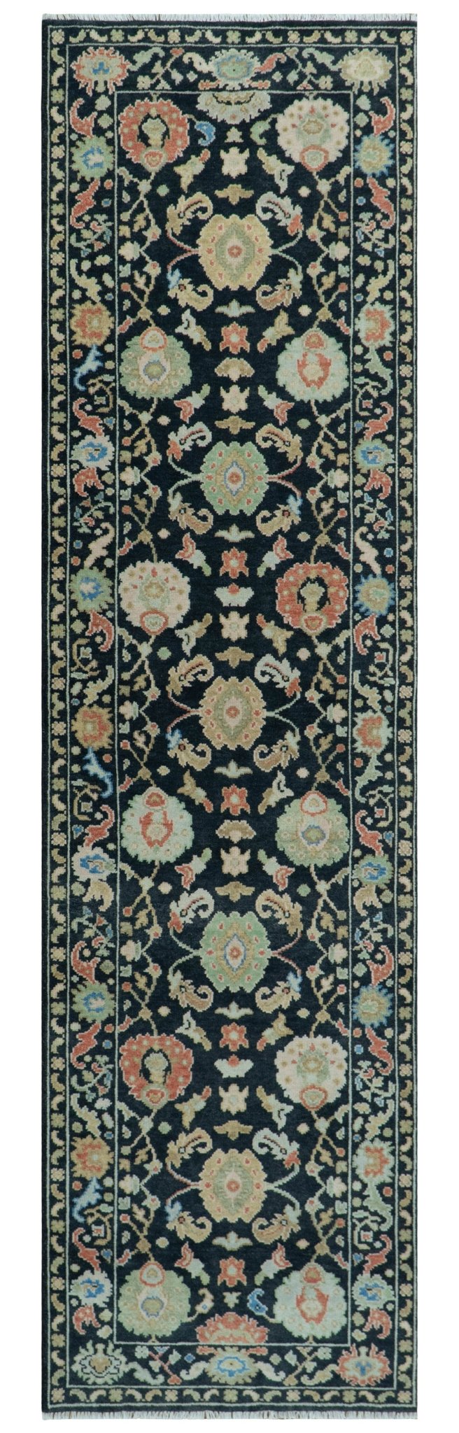 Modern Hand Knotted Black and Multicolor Oushak Custom Made Wool Rug.