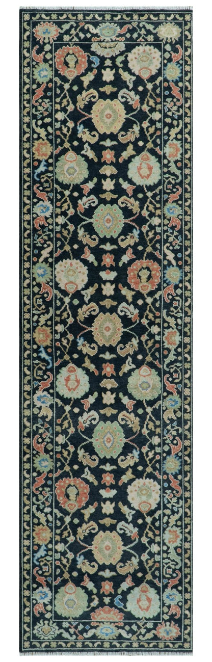 Modern Hand Knotted Black and Multicolor Oushak Custom Made Wool Rug.