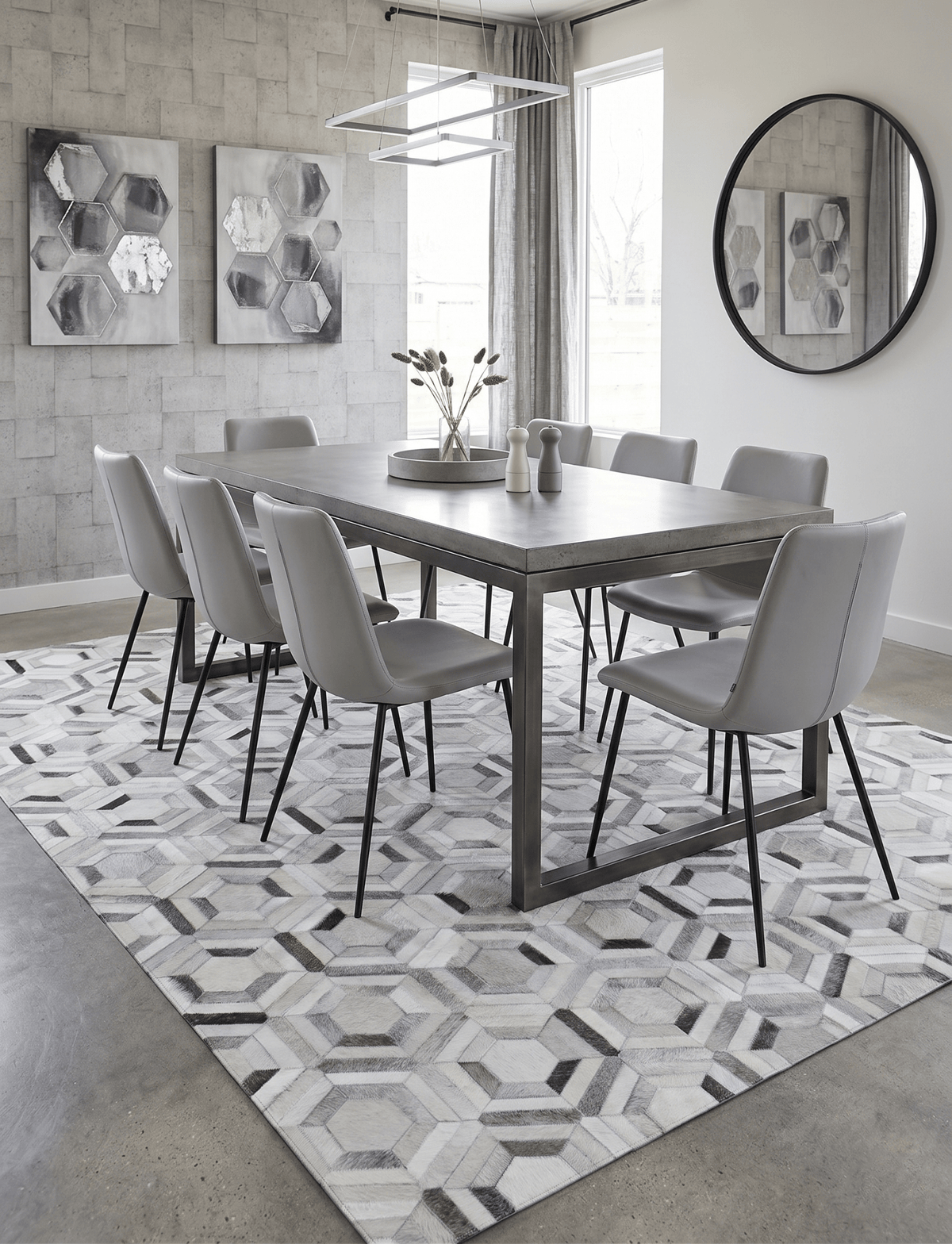 Modern Handmade Ivory and Silver Genuine Leather Area Rug.