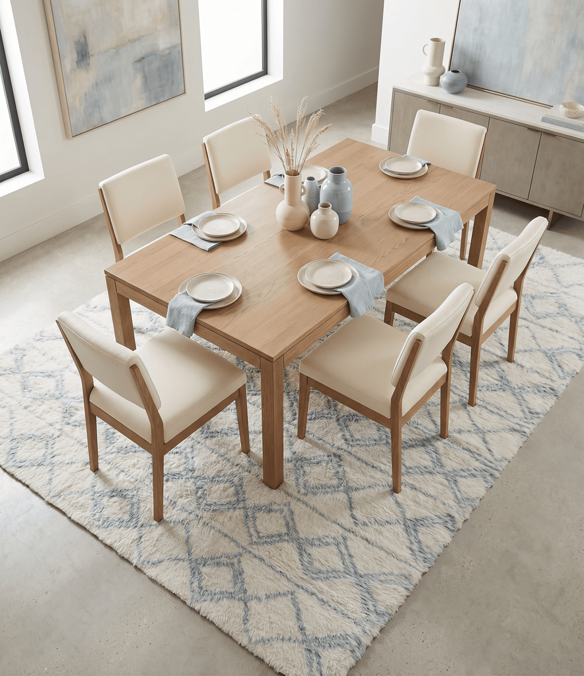 Modern Ivory and Blue Moroccan Hand Made Wool Area Rug.