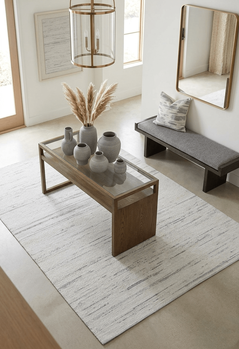 Modern Ivory and Gray Hand Made 5x8 Wool Area Rug.
