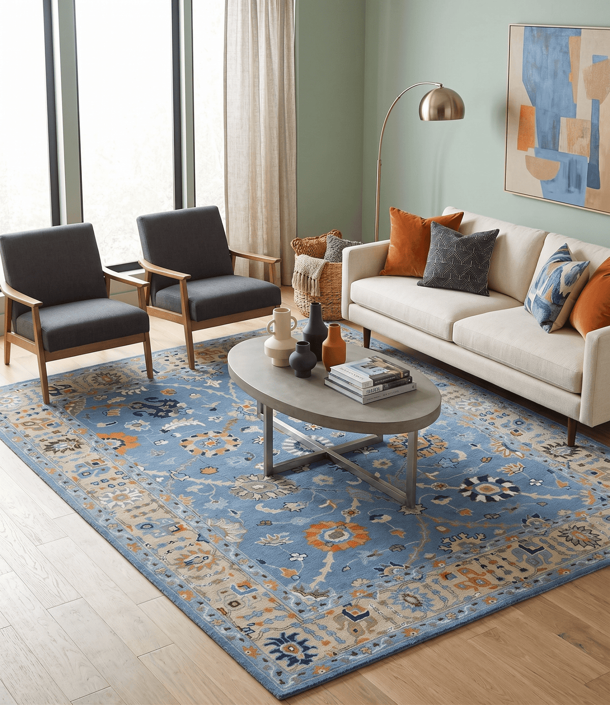 Modern Oushak Blue and Beige Hand Tufted Wool Area Rug.