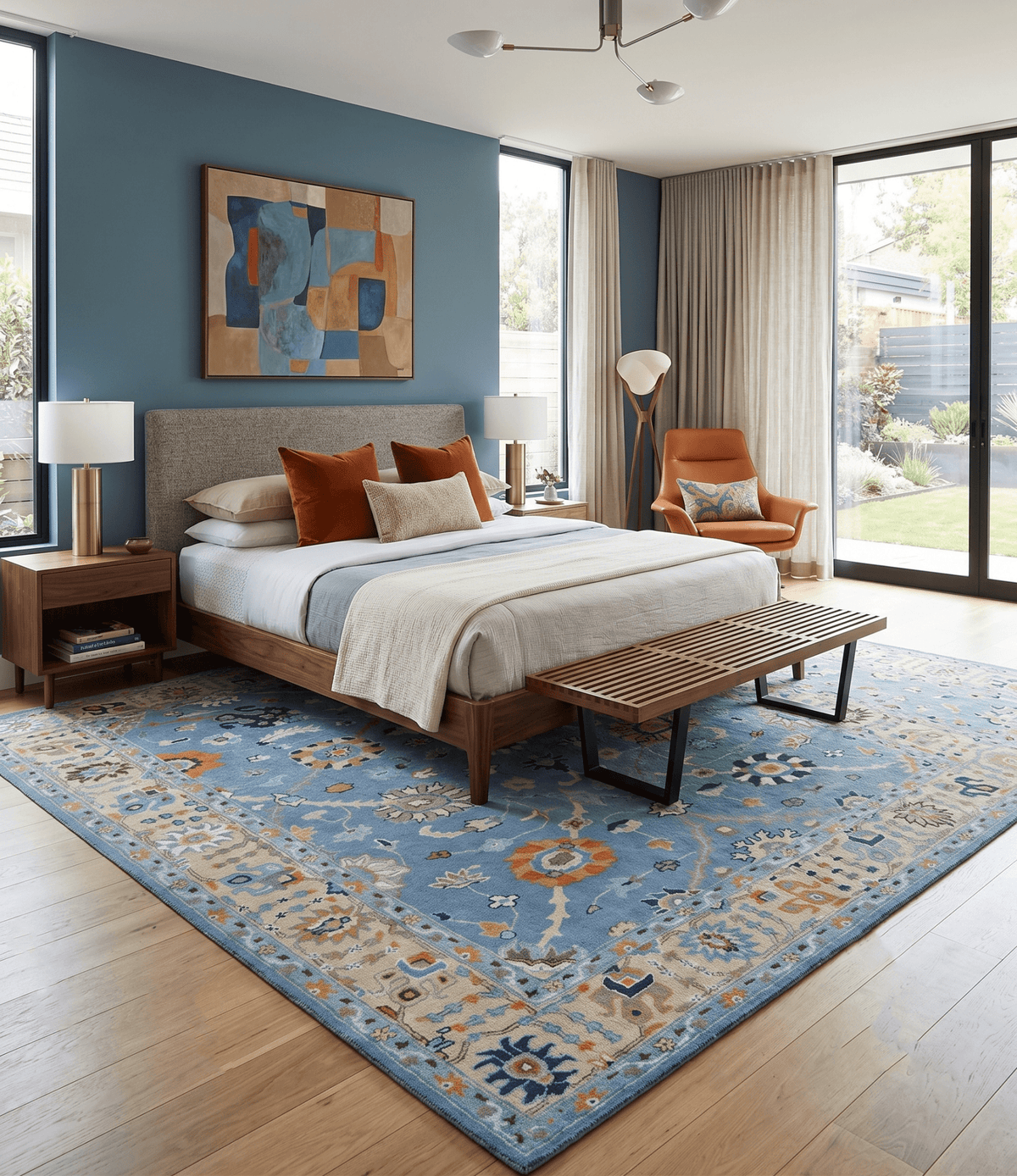Modern Oushak Blue and Beige Hand Tufted Wool Area Rug.