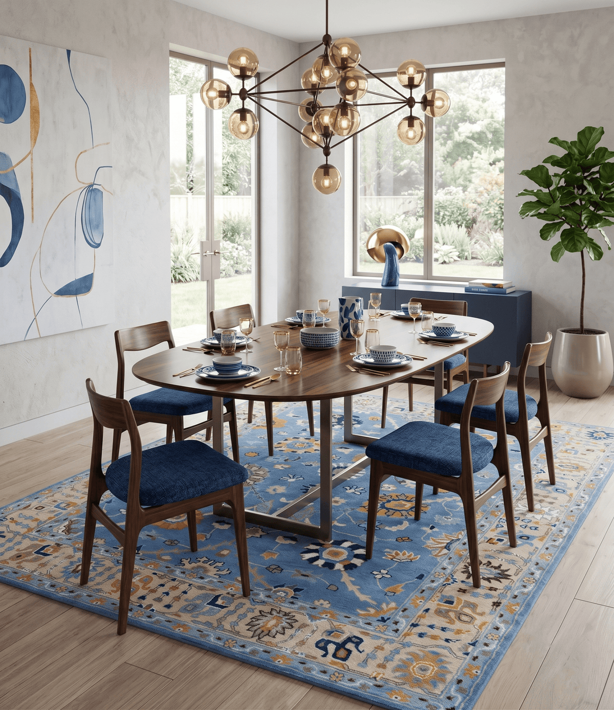 Modern Oushak Blue and Beige Hand Tufted Wool Area Rug.