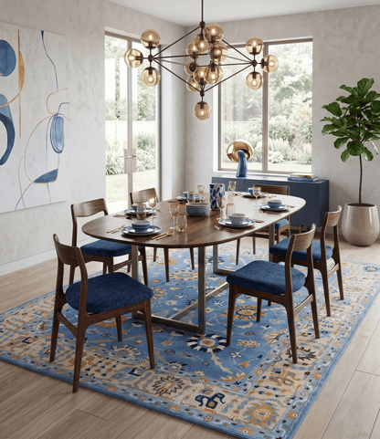 Modern Oushak Blue and Beige Hand Tufted Wool Area Rug.