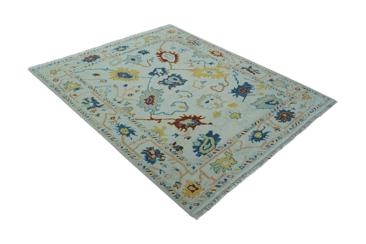Modern Oushak Ivory And Blue Hand Knotted Wool Rug.