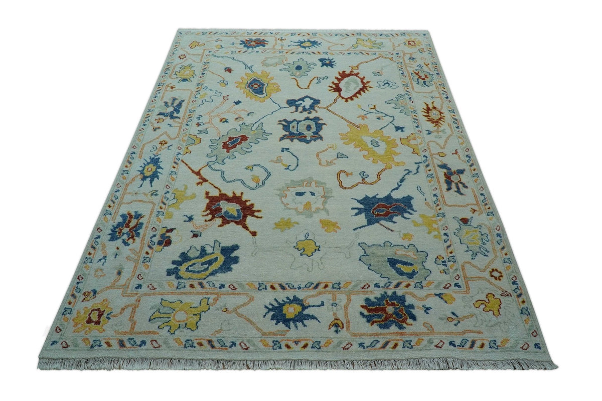 Modern Oushak Ivory And Blue Hand Knotted Wool Rug.