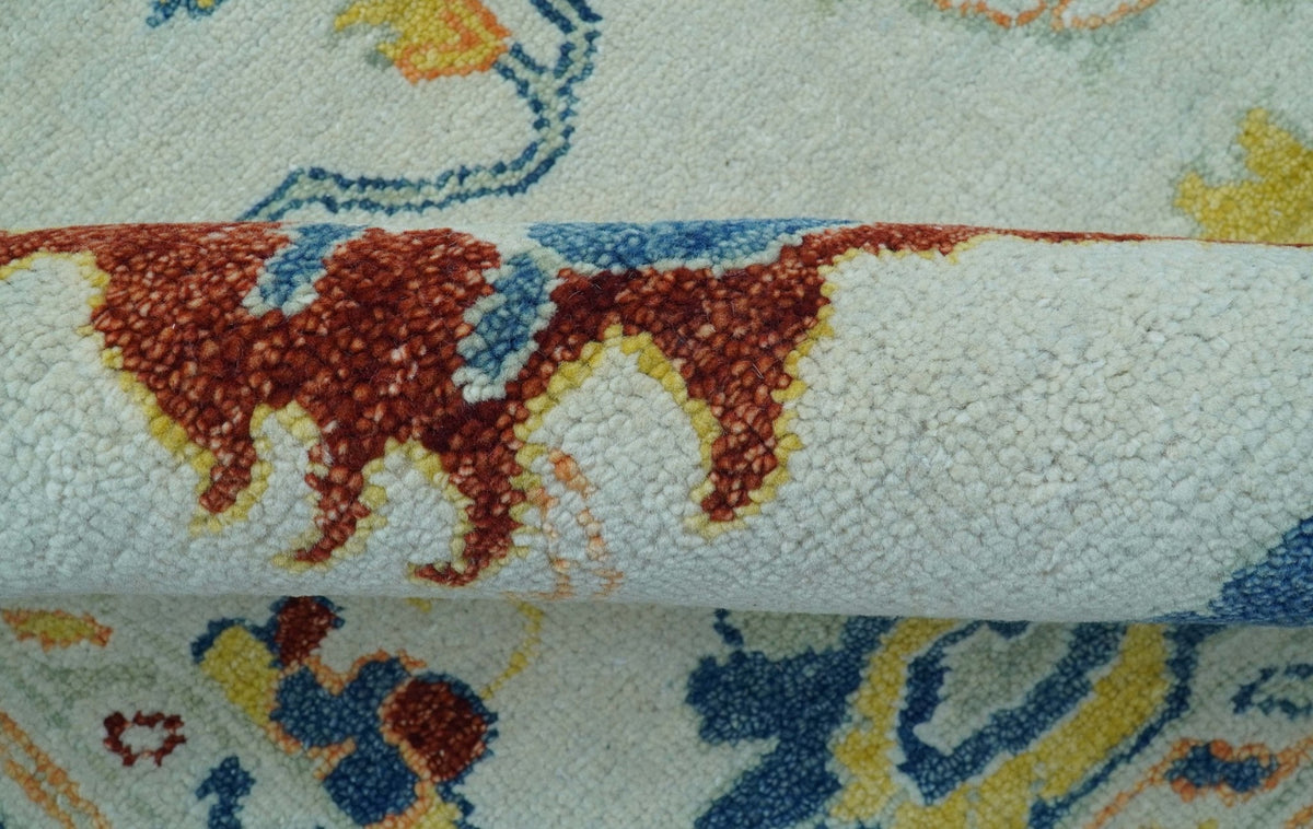 Modern Oushak Ivory And Blue Hand Knotted Wool Rug.