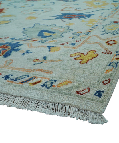 Modern Oushak Ivory And Blue Hand Knotted Wool Rug.