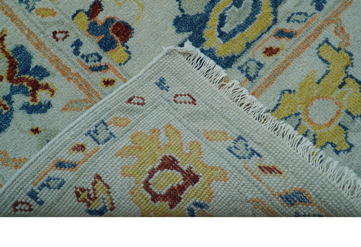 Modern Oushak Ivory And Blue Hand Knotted Wool Rug.