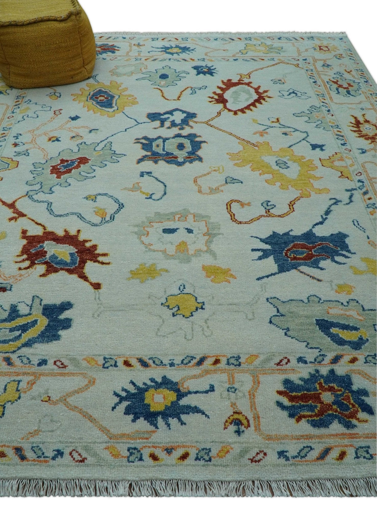 Modern Oushak Ivory And Blue Hand Knotted Wool Rug.
