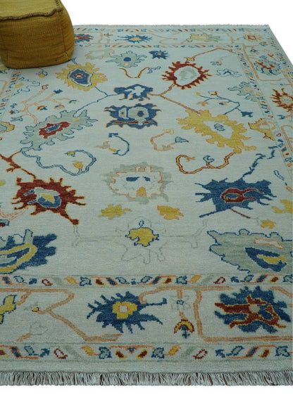 Modern Oushak Ivory And Blue Hand Knotted Wool Rug.