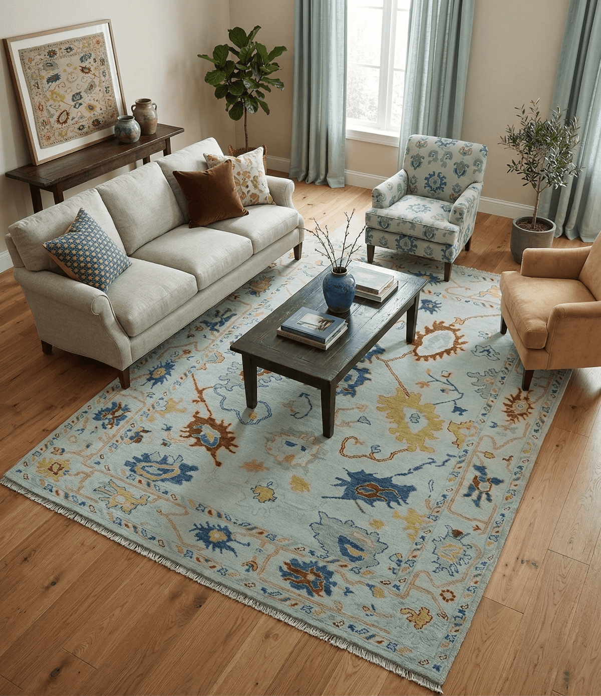 Modern Oushak Ivory And Blue Hand Knotted Wool Rug.