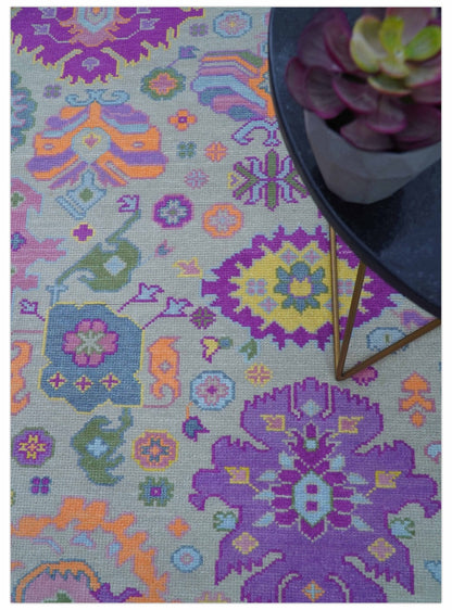 Modern Oushak Made to Order Purple And Ivory Hand Knotted Wool Rug.