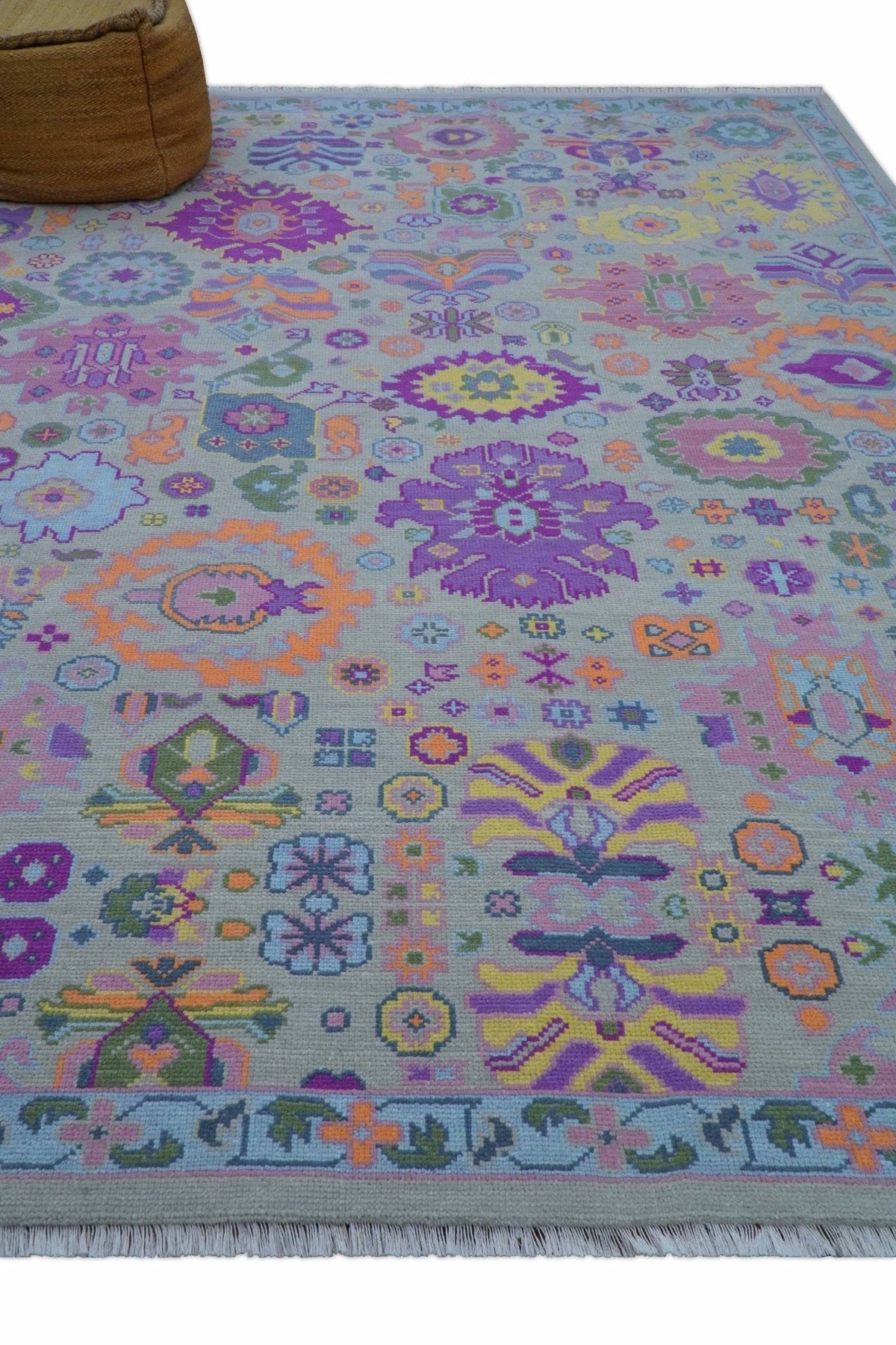 Modern Oushak Made to Order Purple And Ivory Hand Knotted Wool Rug.
