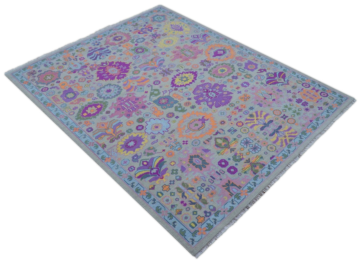 Modern Oushak Made to Order Purple And Ivory Hand Knotted Wool Rug.