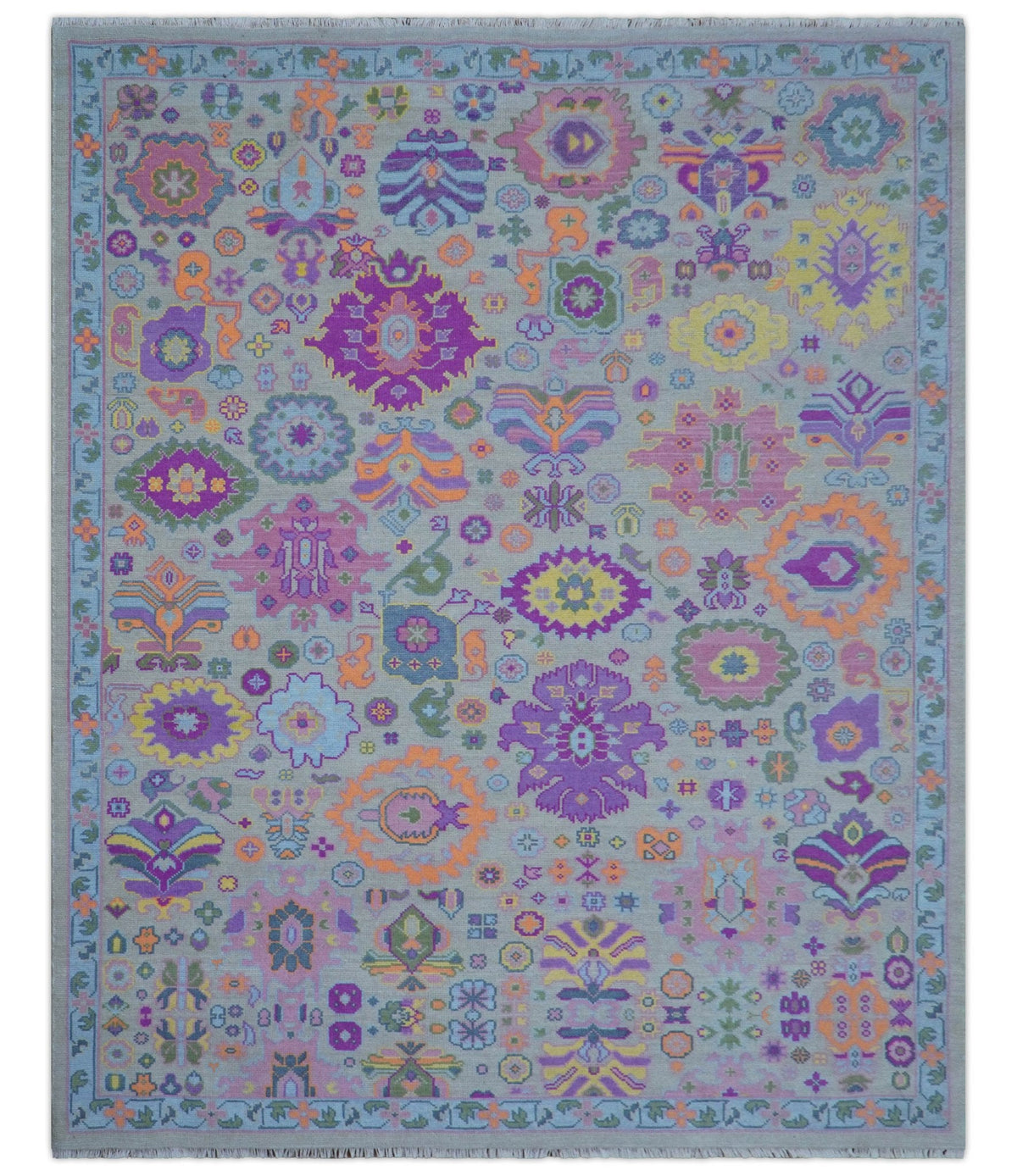 Modern Oushak Made to Order Purple And Ivory Hand Knotted Wool Rug.