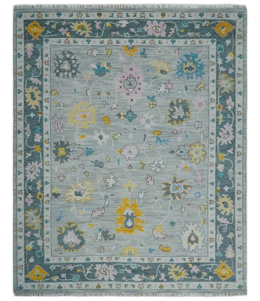 Modern Oushak Multi Size Silver and Teal Vibrant Colorful Hand knotted Wool Area Rug.